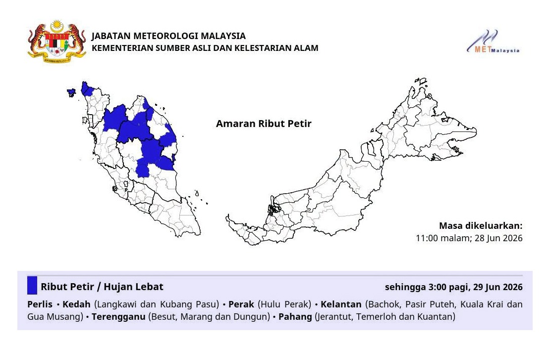 MetMalaysia Warns of Severe Weather Across Six States Until Early Morning