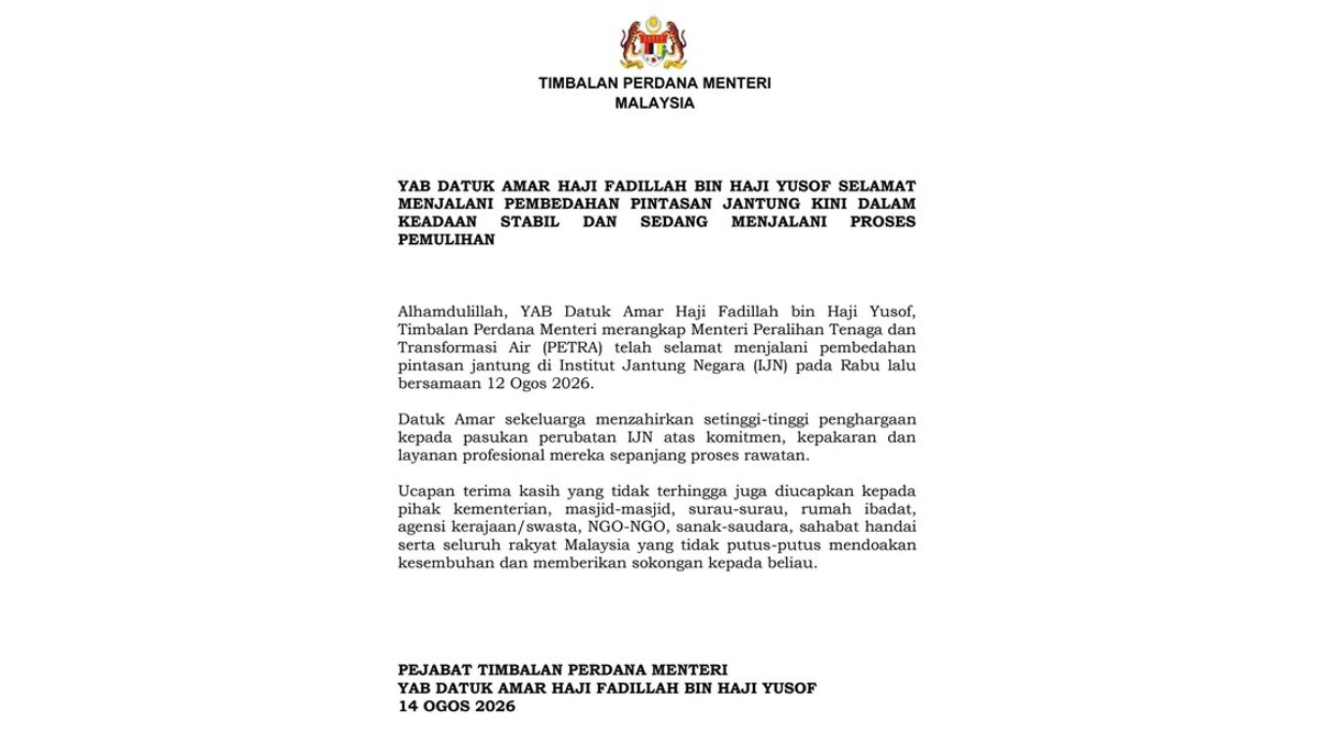 Deputy PM Fadillah Making Strong Recovery After Heart Bypass Surgery
