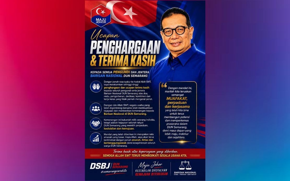 Samsolbari Jamali Wins Historic Sixth Consecutive Term in Semarang As BN Strengthens Johor Grip