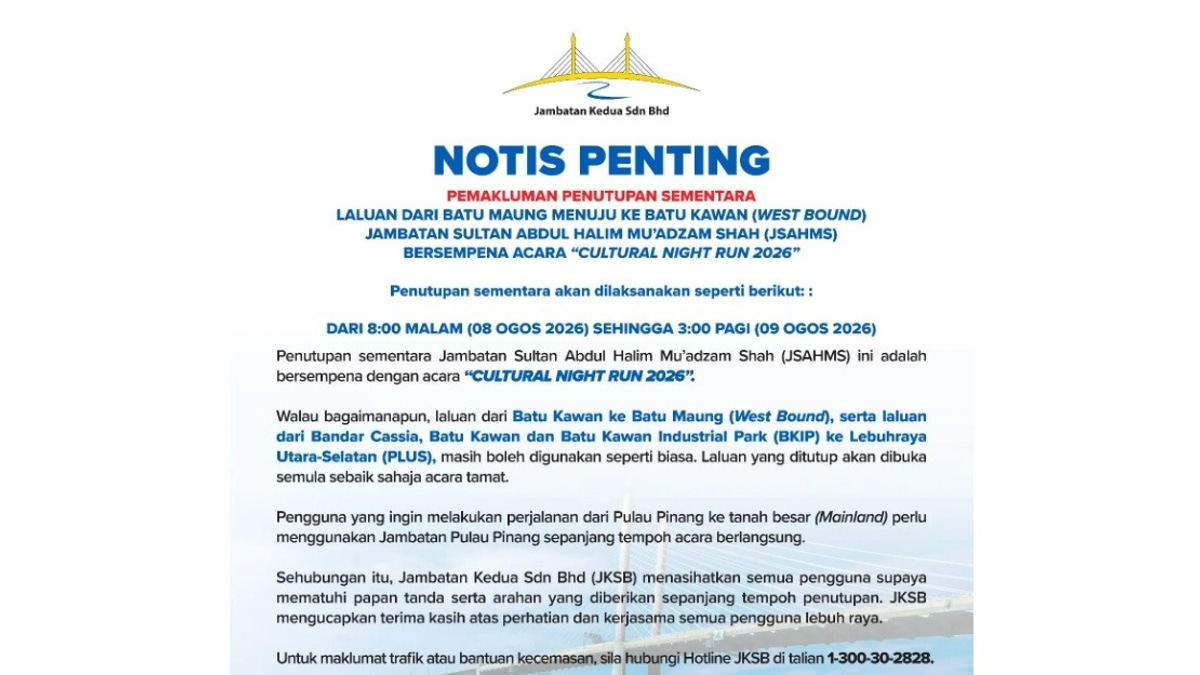 Second Penang Bridge's Westbound Lane Closes for Cultural Night Run 2026