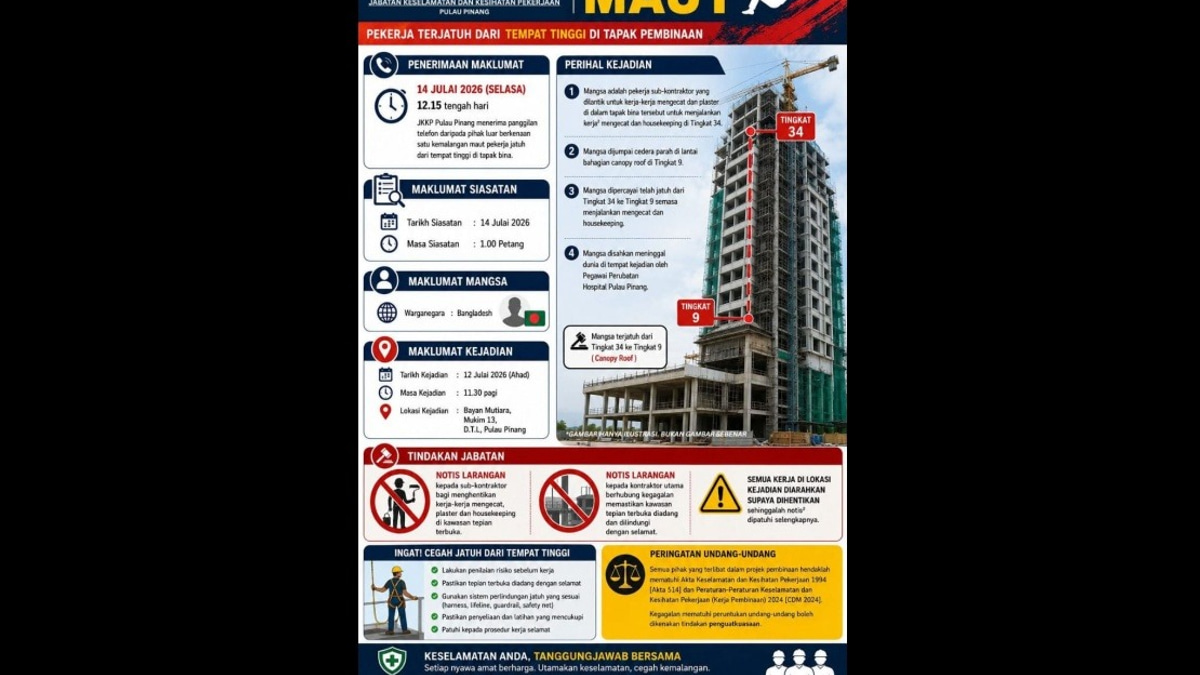Penang DOSH Investigates Death of Bangladeshi Worker in High-Rise Construction Fall