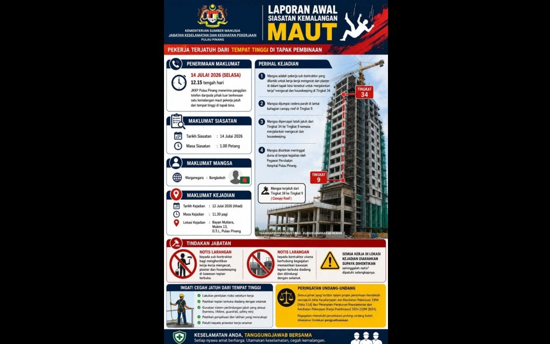 Penang DOSH Investigates Death of Bangladeshi Worker in High-Rise Construction Fall